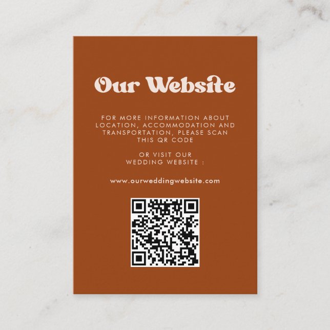 Stylish retro Burnt Orange QR code wedding website Enclosure Card (Front)