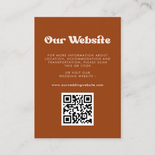 Stylish retro Burnt Orange QR code wedding website Enclosure Card