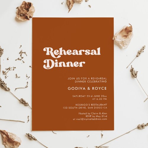 Stylish retro burnt orange Rehearsal dinner Invitation