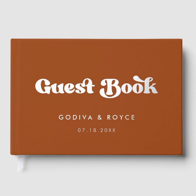 Stylish Retro Burnt Orange Silver foil wedding Guest Book (Front)