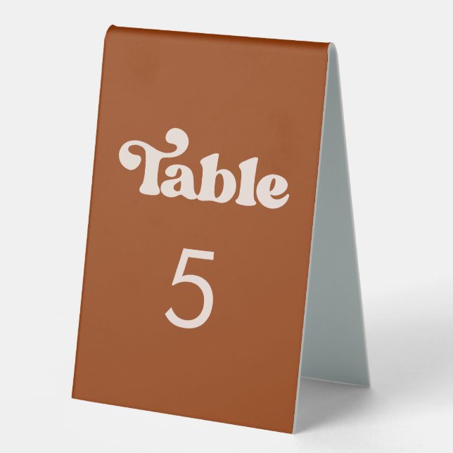 Stylish retro burnt orange Table number Tent (Front)