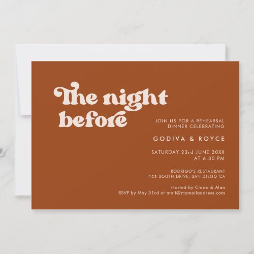 Stylish retro burnt orange The night before Invitation