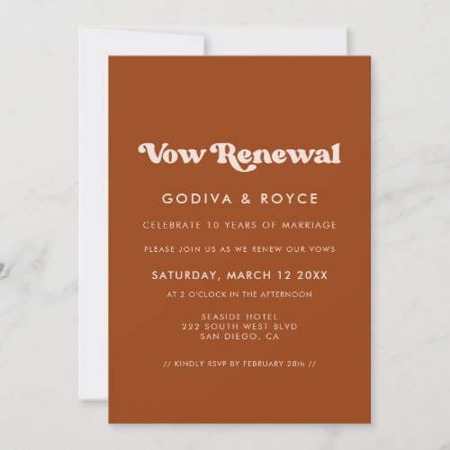 Stylish retro burnt orange Vow renewal Invitation