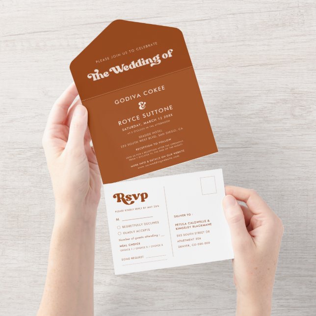 Stylish retro burnt orange wedding all in one invitation (Tearaway)
