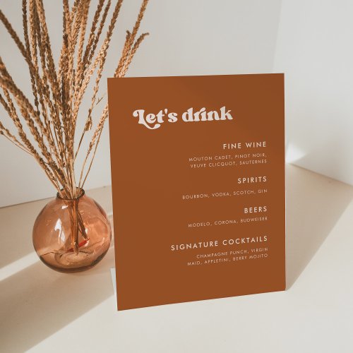 Stylish retro Burnt Orange Wedding Bar menu Pedestal Sign