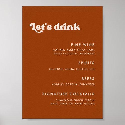 Stylish retro Burnt Orange Wedding Bar menu Poster