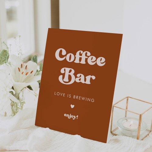 Stylish retro Burnt Orange Wedding Coffee Bar Pedestal Sign