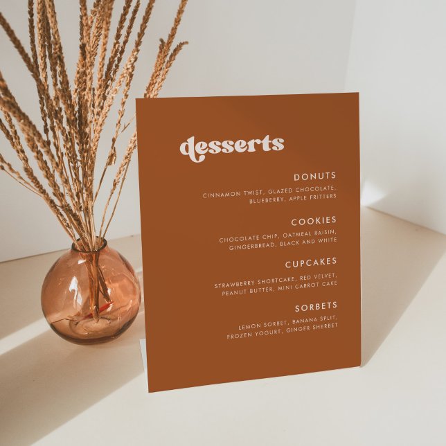 Stylish retro Burnt Orange Wedding Dessert Bar Pedestal Sign (Creator Uploaded)