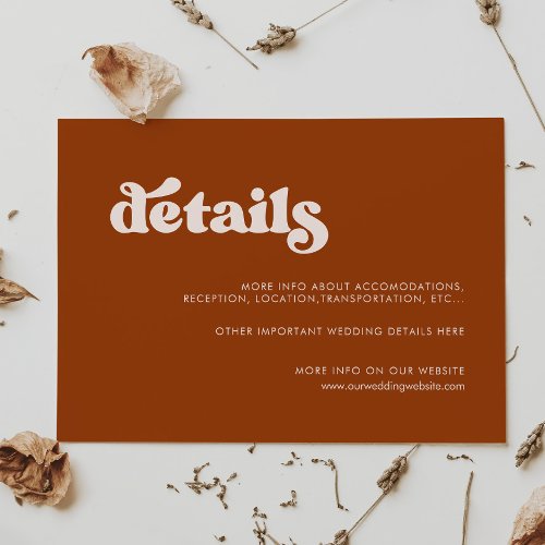 Stylish retro burnt orange wedding details card