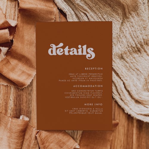 Stylish retro burnt orange wedding details enclosure card