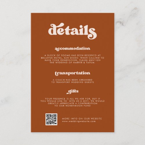 Stylish retro Burnt Orange Wedding Details QR code Enclosure Card