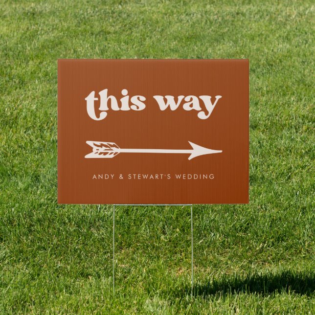 Stylish retro Burnt Orange Wedding Direction sign (Insitu)