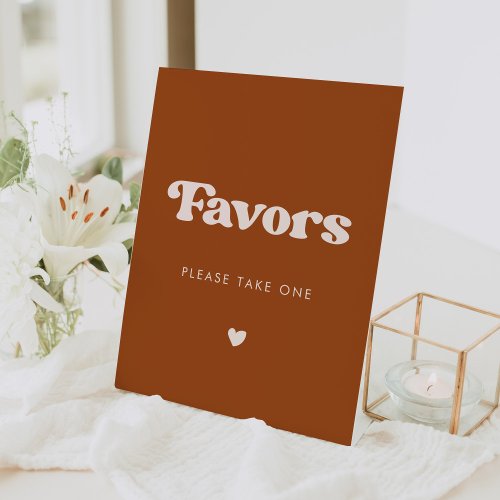 Stylish retro Burnt Orange Wedding Favors Pedestal Sign