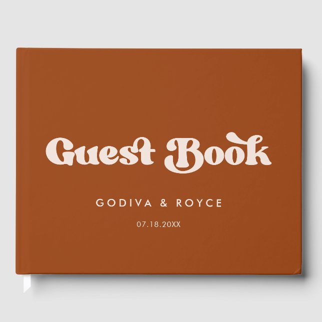 Stylish retro burnt orange wedding guest book (Front)