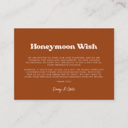 Stylish retro Burnt Orange Wedding Honeymoon wish Enclosure Card