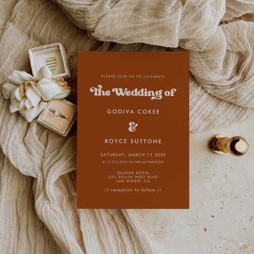 Stylish retro burnt orange wedding invitation