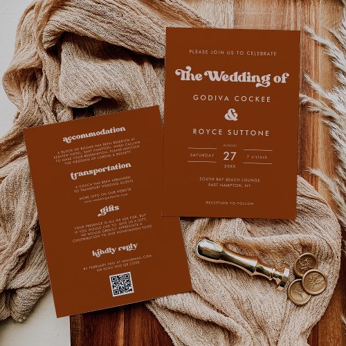 Stylish retro Burnt Orange wedding Invitation