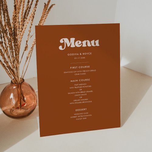 Stylish retro burnt orange wedding menu pedestal sign