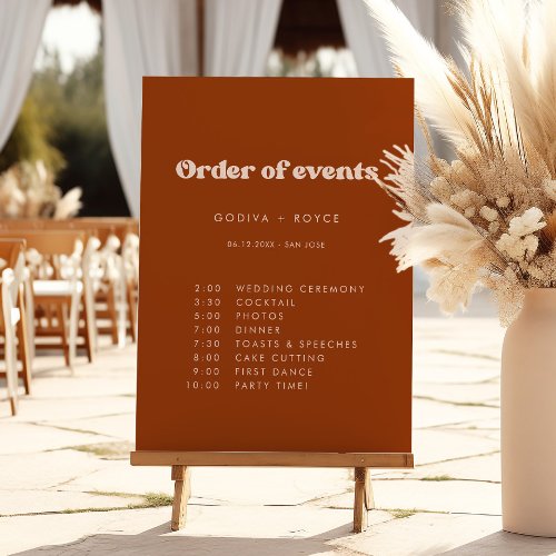 Stylish retro Burnt Orange Wedding Order of events Foam Board