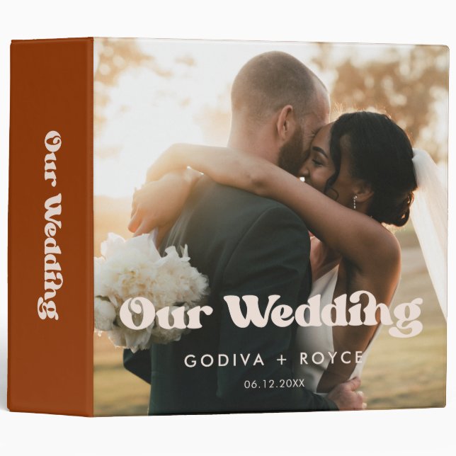 Stylish retro Burnt Orange Wedding photo album 3 Ring Binder (Front/Spine)