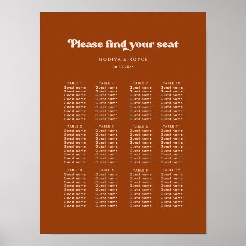 Stylish retro burnt orange wedding seating chart