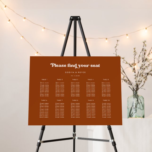 Stylish retro Burnt Orange Wedding Seating chart Foam Board (In Situ (Stand))