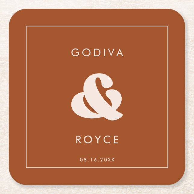 Stylish retro Burnt Orange Wedding Square Paper Coaster (Front)