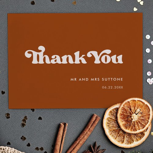 Stylish retro burnt orange wedding thank you card