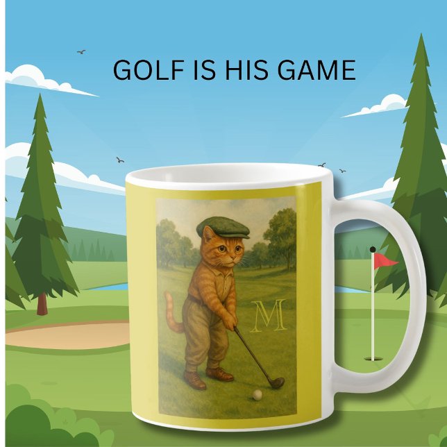 Stylish Retro Cat Playing Golf Custom Monogram  Coffee Mug (Creator Uploaded)