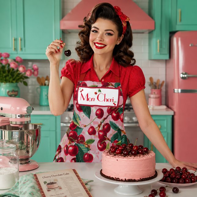 Stylish Retro 'Cherry Pop' Pink Personalized  Apron (Vintage Retro 'Cherry Pop' Monogrammed Apron )
