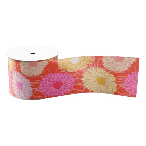 Stylish Retro Dahlia Floral Pattern Red Pink Grosgrain Ribbon