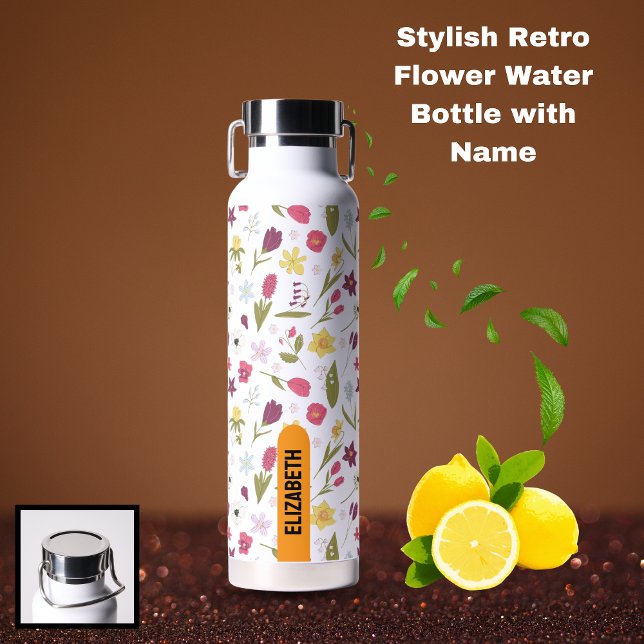 Stylish Retro Floral Personalized Name Design Water Bottle (Stylish Retro Flower Water Bottle with Name)
