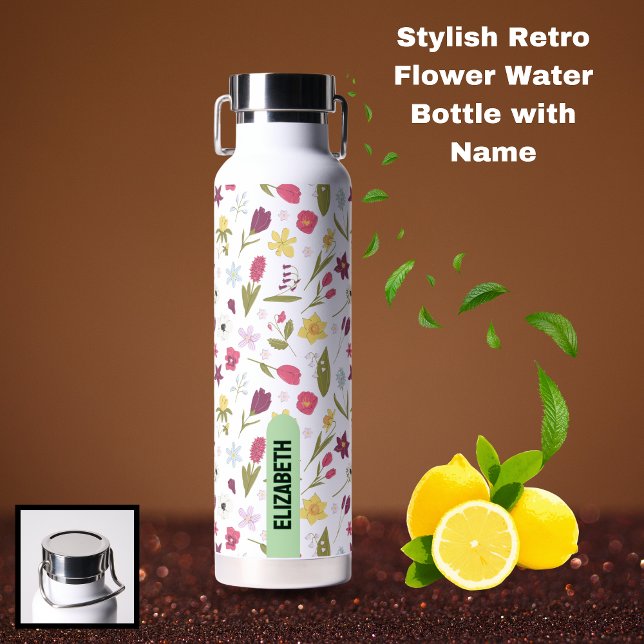 Stylish Retro Floral Personalized Name Design Water Bottle (Stylish Retro Flower Water Bottle with Name)