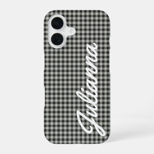 Stylish Retro Gray Gingham Plaid Personalized iPhone 16 Case