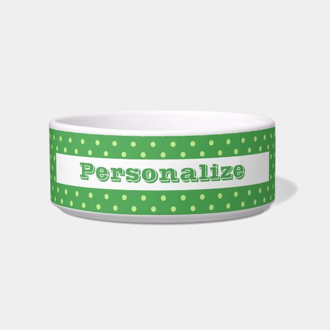 Stylish Retro Green & Lime Polka Dots For Your Pet Bowl (Front)