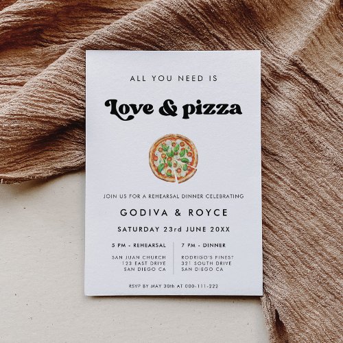 Stylish retro Love and Pizza Wedding Rehearsal Invitation