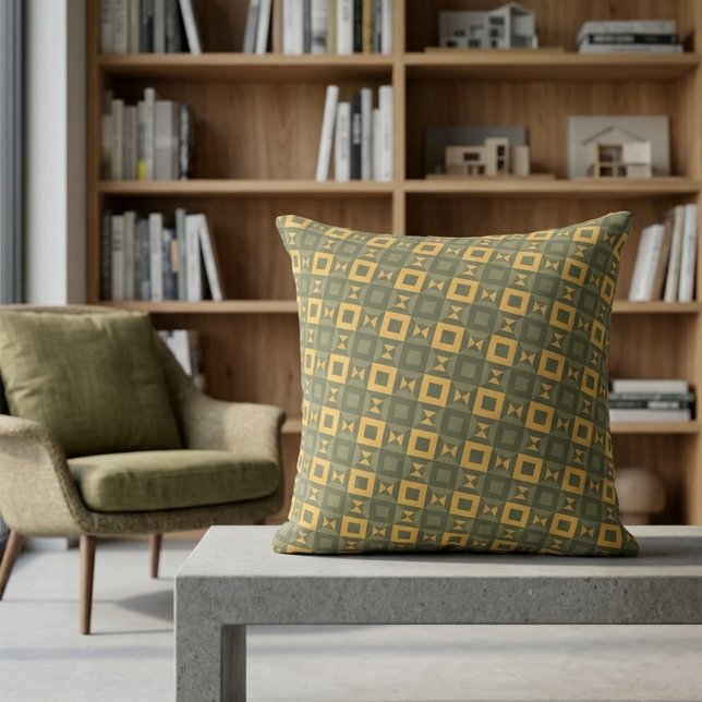 Stylish Retro Olive Green Gold Geometric Pattern Throw Pillow (Creator Uploaded)
