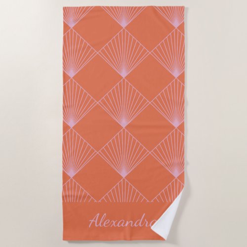 Stylish Retro Orange Pink Art Deco Personalized Beach Towel