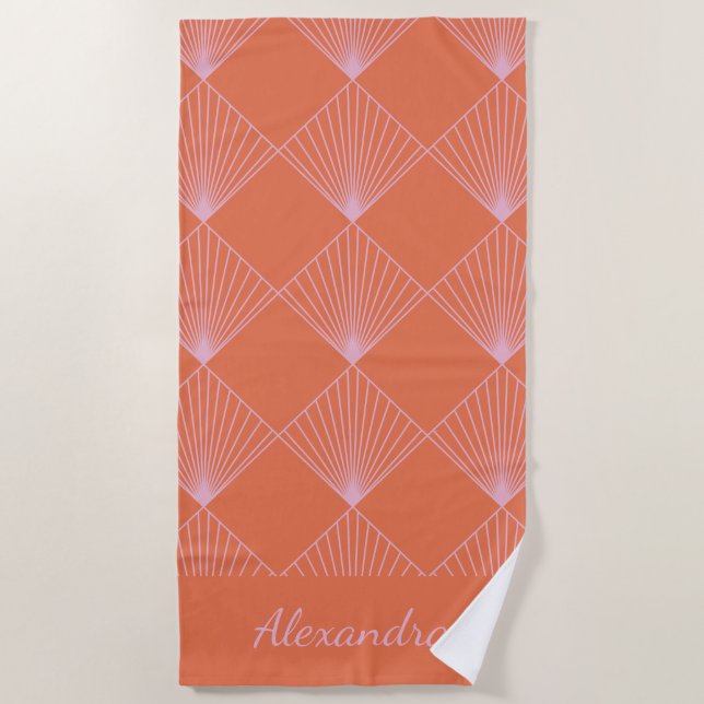 Stylish Retro Orange Pink Art Deco Personalized Beach Towel (Front)