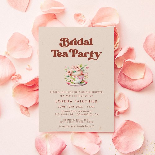 Stylish retro Peach Pink Bridal Tea Invitation