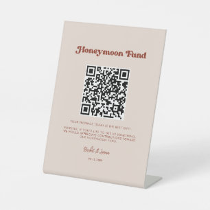 Stylish retro Peach Pink Honeymoon fund QR code Pedestal Sign