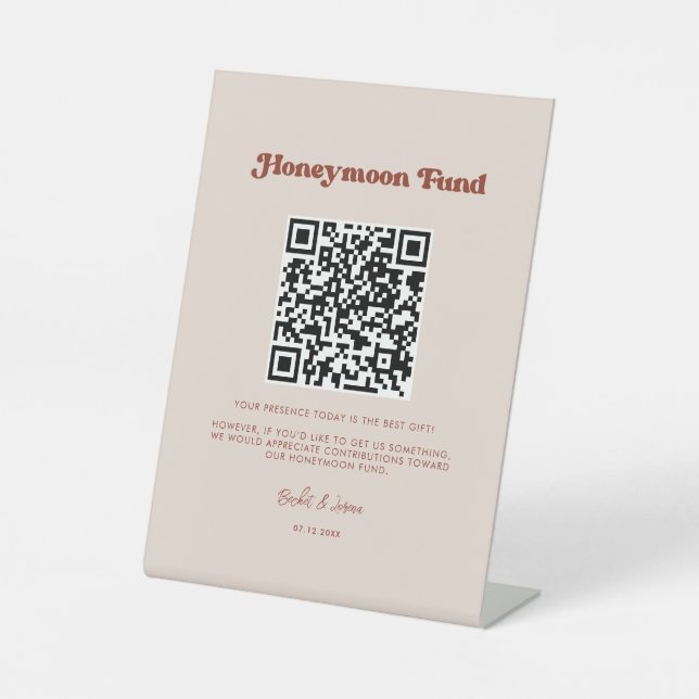 Stylish retro Peach Pink Honeymoon fund QR code Pedestal Sign (Front)