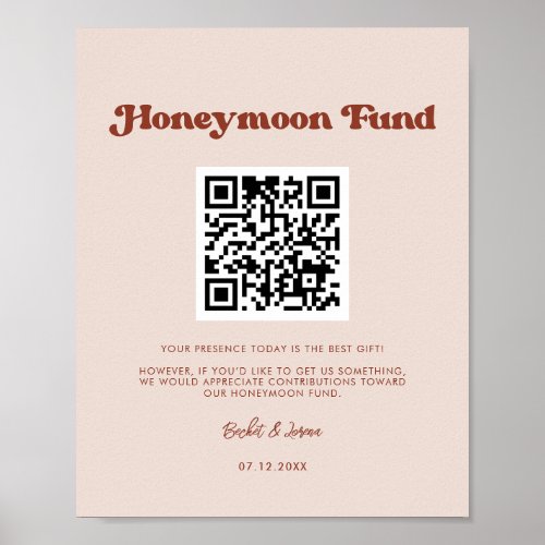 Stylish retro Peach Pink Honeymoon fund QR code Poster