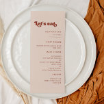 Stylish retro peach pink Let's eat wedding Menu<br><div class="desc">Let's eat! Wedding or reception party menu. A retro chic theme: adopt this slightly vintage and stylish typographic design for your wedding stationery,  with a burnt orange,  terracotta,  brown sugar & peach pink color theme. Fully customizable text,  colors and backgrounds.</div>