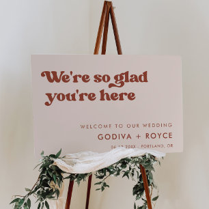 Stylish retro peach pink So glad you're here sign