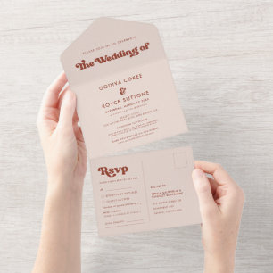 Stylish retro peach pink wedding all in one invitation