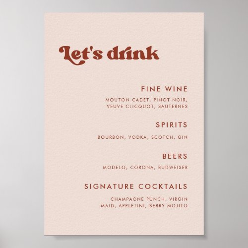 Stylish retro Peach Pink Wedding Bar menu Poster