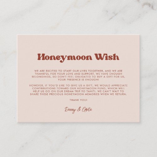 Stylish retro Peach Pink Wedding Honeymoon wish Enclosure Card
