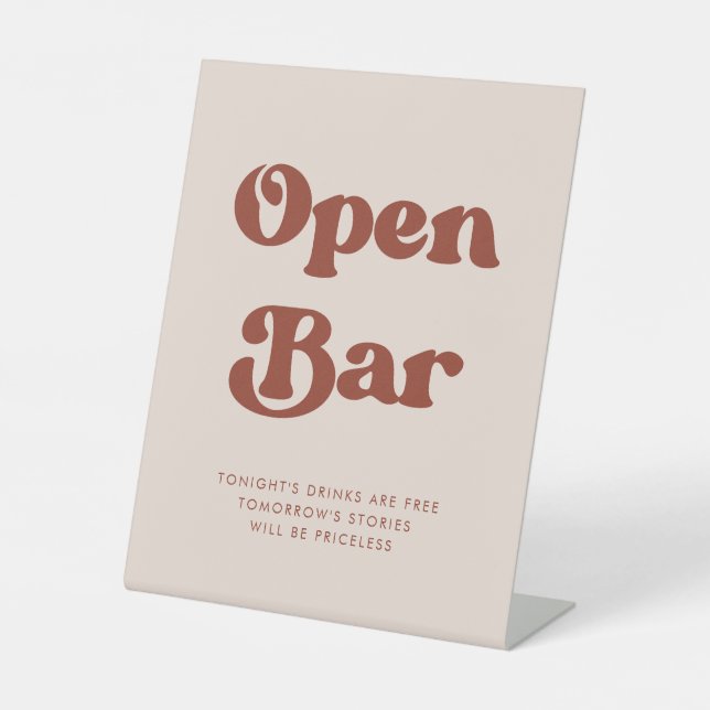 Stylish retro Peach Pink Wedding Open Bar Pedestal Sign (Front)