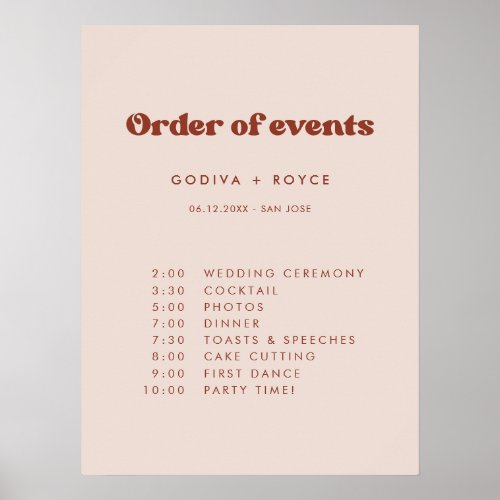 Stylish retro Peach Pink Wedding Order of events Poster